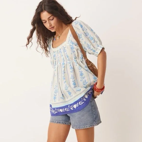 Free People Santorini Print Puff Sleeve Empire Waist Long Cotton Tunic Top NEW L - Picture 2 of 11